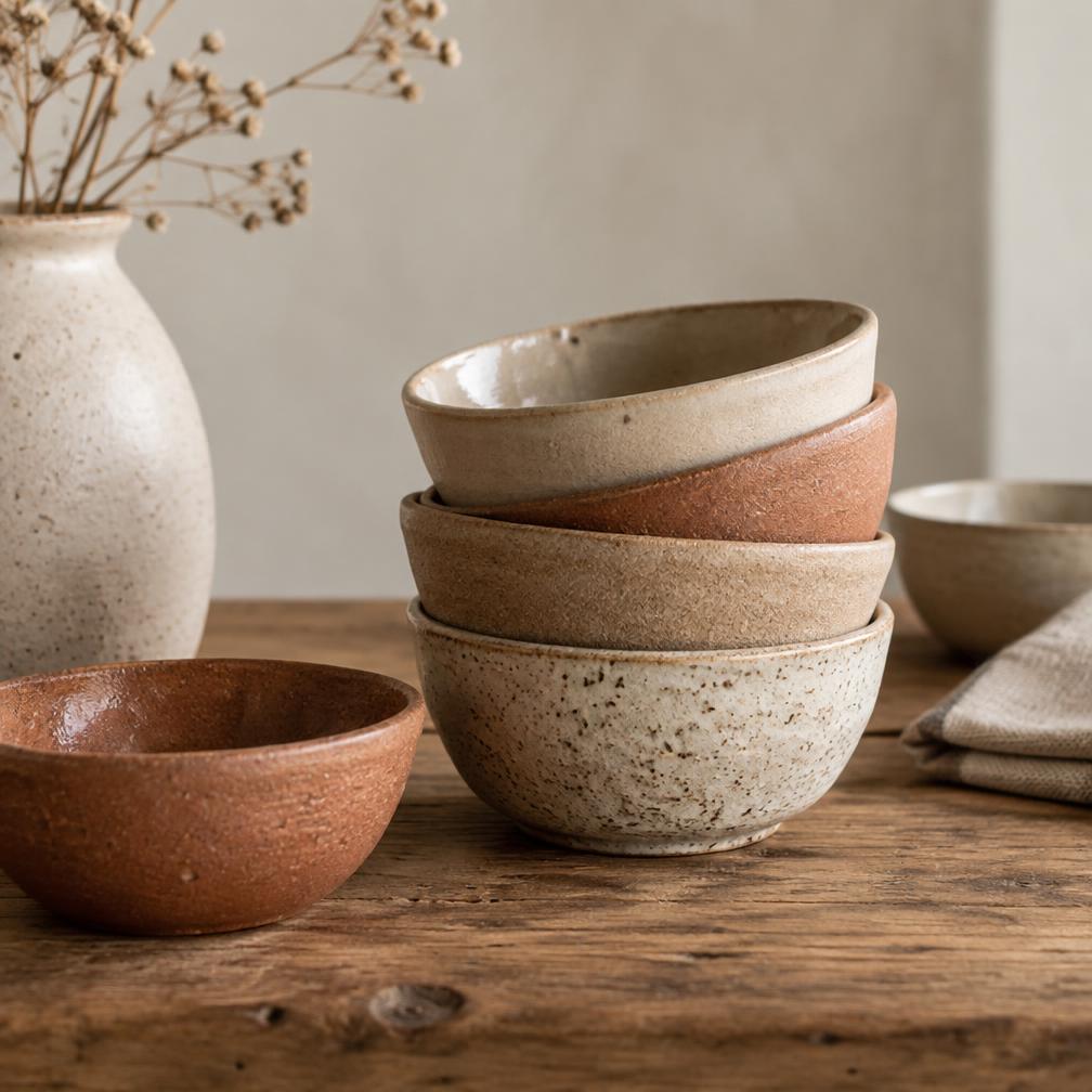 Stacked handmade ceramic bowls in warm earthy glazes