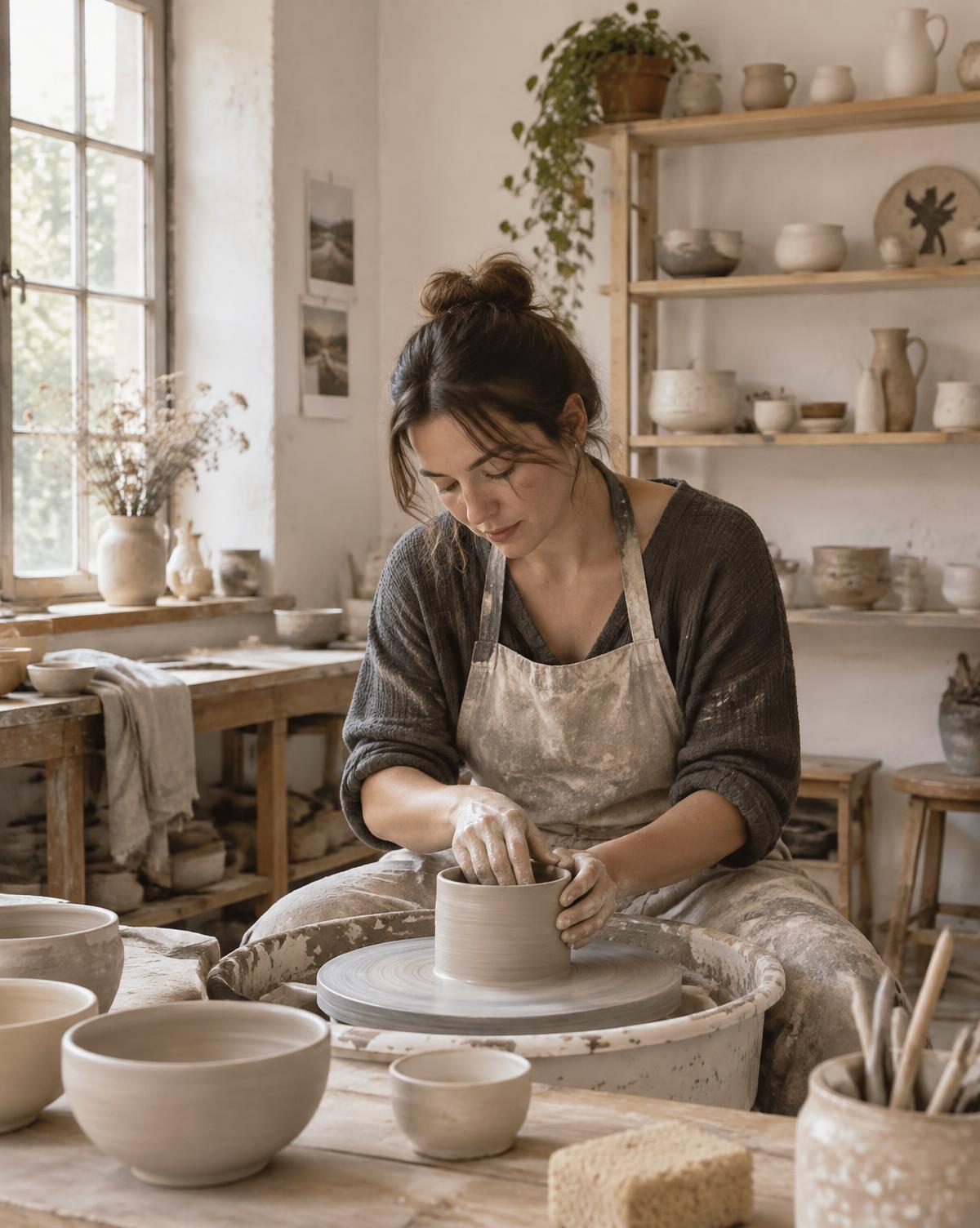 Illustrative portrait of a ceramic artist shaping clay in a studio